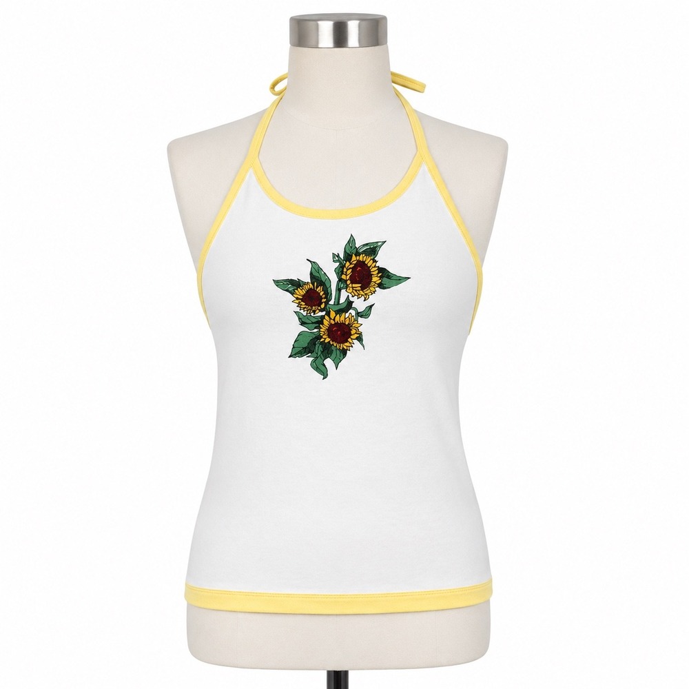 American Eagle Halter Top Womens Medium White Yellow Sunflower Graphic Bohemian